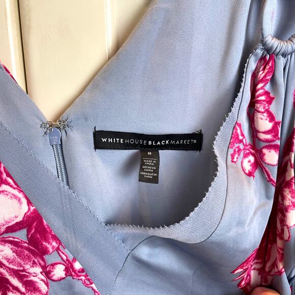 White House Black Market Tie Front Floral Maxi Dress Sz 8 Gray Satin Fit & Flare - Picture 5 of 12